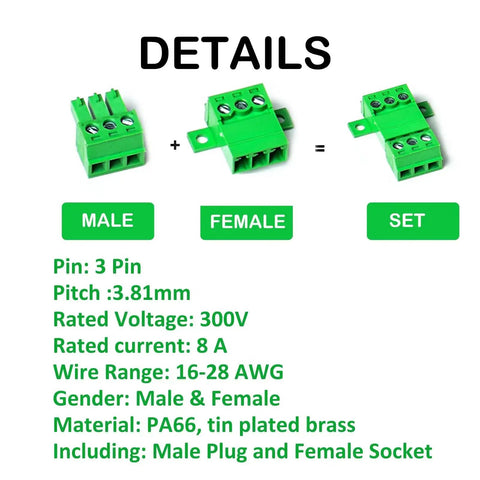 Five Pack 3 Pin 3.81mm Pitch Panel Mount Screw Terminal Block Connector Phoenix Type 8A 300V For 16-28 AWG Wires