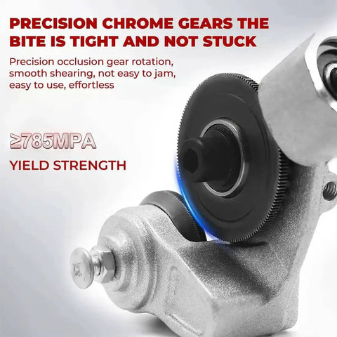 Close-up of precision chrome gears on Sheet Metal Nibbler Drill Attachment For Clean Burr Free Cuts On Steel Aluminum And Plastic.