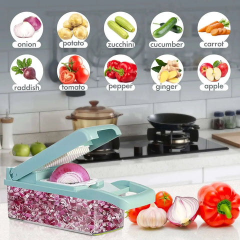 12 in 1 Vegetable Chopper And Slicer For Kitchen Prep Like A Pro in use with onion, showing blue design, chopped pieces