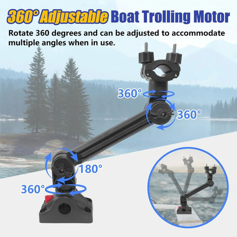 Universal Trolling Motor Stabilizer Bracket With Quick Release And Adjustable Support Mount For Electric Tiller Motors Fits Versatrack Lund Ranger And Lowe Boat Track Systems Ideal For Fishing Boats And Kayaks EDSRDPLT showing 360-degree rotation and adjustable angles