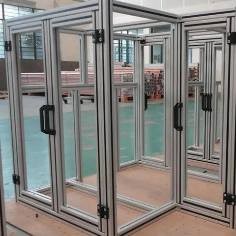 Two Sets 2020 Aluminum Extrusion Profile Door Handle And Frame Hinges Install Kit in industrial setting, showing assembled frame