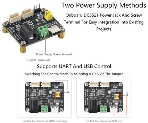 Two Pack Serial Bus Servo Driver Board With Integrated Power Supply And Control Circuit for ST and SC series, showing dual power supply methods.