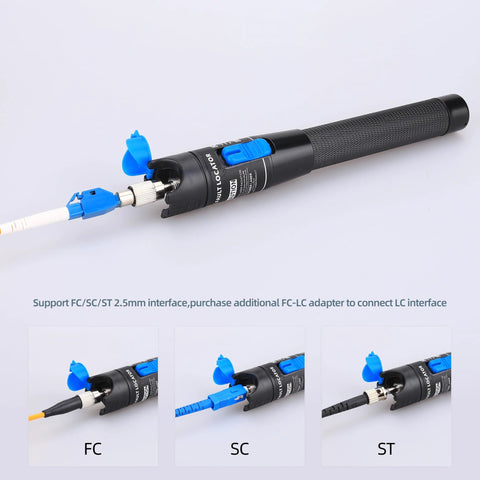 Aluminum VFL visual fault locator pen with blue adapters on FC/SC/ST 2.5 mm interfaces, black textured body.