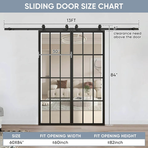 Double Barn Door Set 60x84 Inch With 13 Foot Top Mounted Hardware Kit Includes Two 30x84 Clear Tempered Glass Panels In Black Aluminum Frame Ready For Easy Assembly And Smooth Quiet Sliding, installed view with size chart.