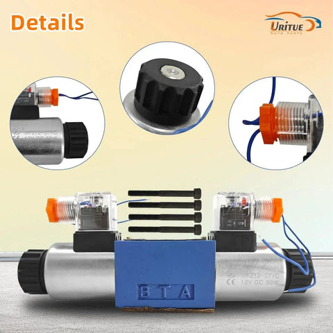 Electric Hydraulic Directional Control Solenoid Valve 12V DC D03 NG6 21 GPM 4560 PSI details with 30W DC coil and components.