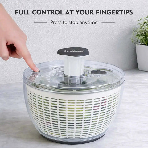 Big Ol 6.3 Qt Salad Spinner With Fully Removable Lid One Hand Press Pump Instant Stop Brake Button on countertop