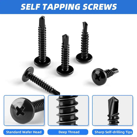 410 Stainless Steel Self Tapping Screws Self Drilling Sheet Metal Screws Black Oxide Assortment, truss head, size 8 and 10 close-up