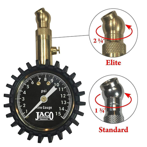 JACO Elite tire gauge, front view, brass swivel head, black dial, 0–15 psi.