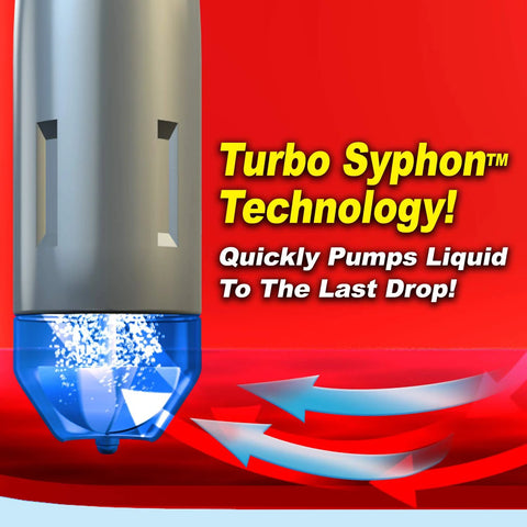 Ontel Turbo Pump automatic liquid transfer pump, automotive part with gray body and blue translucent bottom chamber.