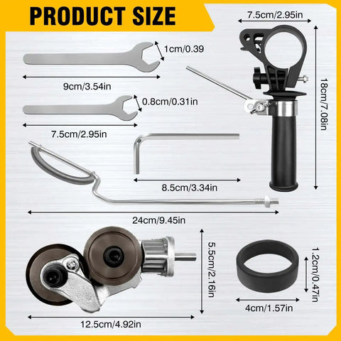 Diagram of electric drill plate cutter attachment with measurements for each component, including the handle and cutting heads, for metal sheets.