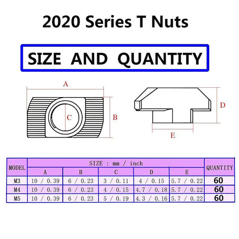 Heavy Duty Hammer Head T Slot Nuts Set For 20 Series Aluminum Profiles M3 M4 M5 Nickel Plated Carbon Steel 180 Piece Size Chart