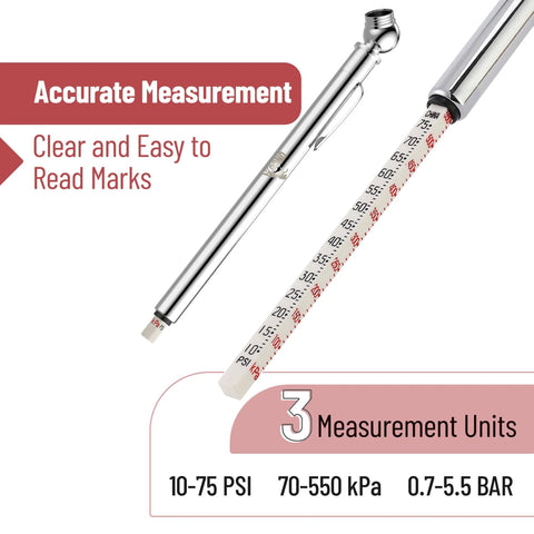 UNCO pencil tire gauge, two-pack; stainless steel body with 10-75 PSI scale for car tires.