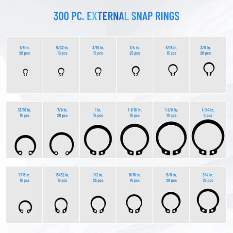 300 external snap rings in various sizes for the 12 Piece Snap Ring Pliers Set With 300 External Rings, Heavy Duty Internal And External Pliers.