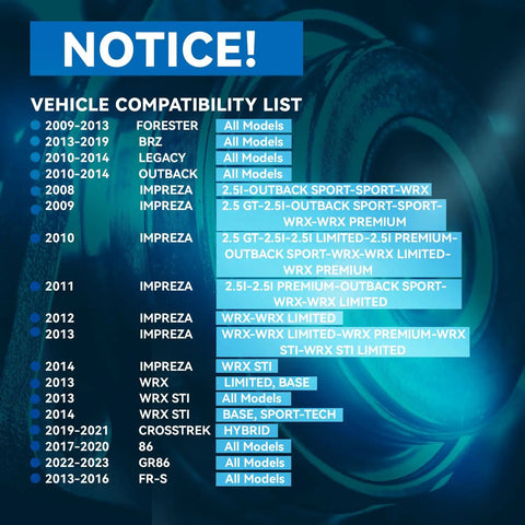 Vehicle compatibility list for Rear Wheel Bearing Hub Assembly for Subaru Outback Forester Impreza and Toyota models.