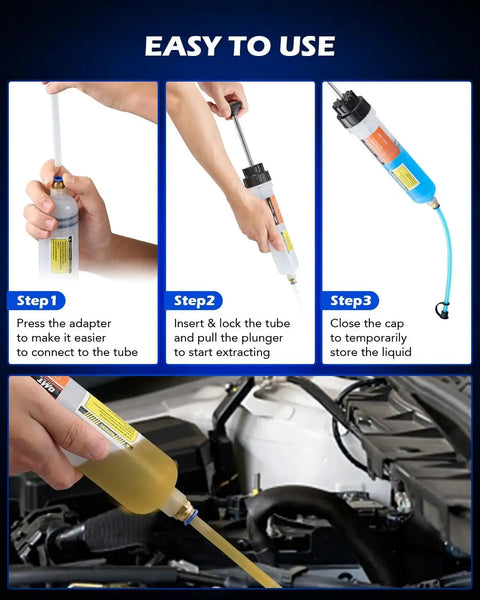 Three steps showing the 200mL Manual Fluid Extractor And Filler Syringe Style Pump For Automotive Fluids in use with car engine.