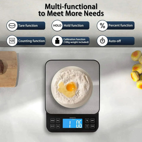 Large Kitchen Scale With 0.1g Precision And 11lb Capacity USB Rechargeable Hold Function with bowl of flour and egg on stainless steel pan