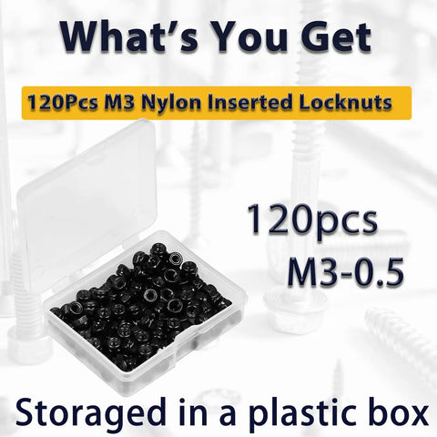M3 Nylon Insert Hex Lock Nuts 120 Pack Self Locking Carbon Steel With 5.5mm Hex Size And M3 Pitch 0.5mm In Plastic Box