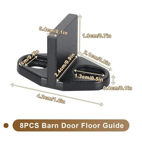 Four Pack Black T Shape Barn Door Floor Guides for sliding doors, durable metal construction, size dimensions shown.