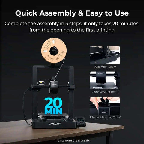 Ender 3 V3 SE 3D Printer with Sprite Direct Extruder shown with quick assembly steps and features on display.