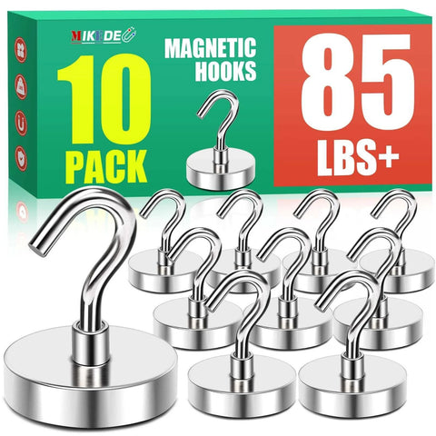 10-pack magnetic hooks 85 lbs capacity in steel construction with packaging, ideal for organizing space at home or office