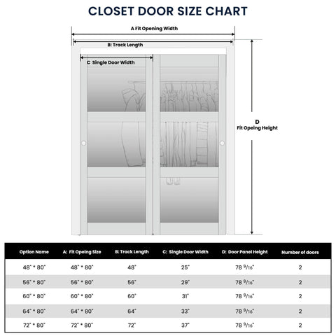 Sliding Closet Door Set For 72x80 Inch Openings, 3 Lite Frosted Glass MDF Barn Door With Hardware Kit, Size Chart Displayed