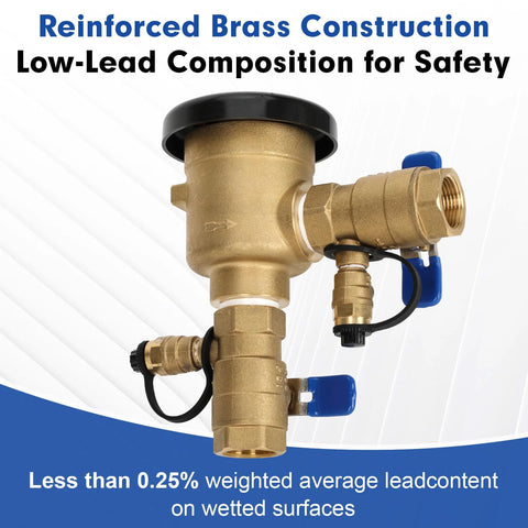 Brass 3/4-inch pressure vacuum breaker backflow preventer for irrigation with blue handles and black cap.