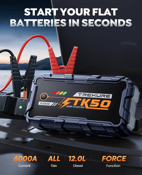 All In One 6000A Jump Starter Booster Pack With 26800mAh Portable Power Bank For All Gas Cars And 12L Diesel cables connected.