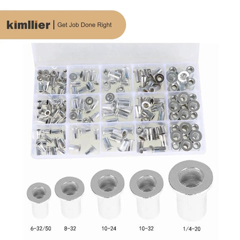 150 Piece Aluminum Rivet Nuts Kit With Flat Head For Easy Install No Fuss Pro Grade, SAE Sizes 6-32 8-32 10-24 10-32 1/4-20