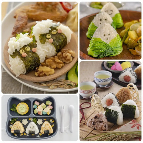 Collage of choxila stainless steel onigiri mold rice balls: triangle shapes wrapped in nori for bento.