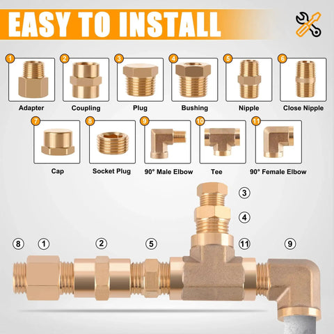 Brass Pipe Fittings Kit 156 Pcs NPT Adapters Reducing Bushings Hex Nipples Street Elbows Tees Plugs Caps For DIY Home Plumbing Projects