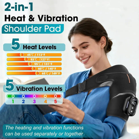 Woman wearing Cordless Shoulder Heating Pad With Massage For Frozen Shoulder And Rotator Cuff Pain Relief, showing heat and vibration levels.