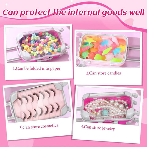 4 Pack Mini Suitcase Party Favor Boxes with Clear Lids, showing storage of candy, cosmetics, jewelry in plastic luggage containers.