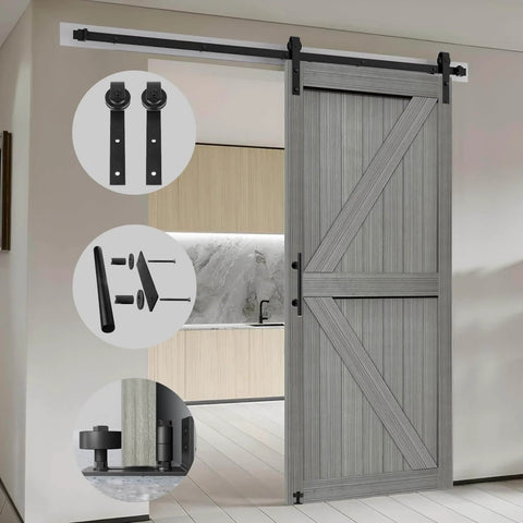 32x84 Inch MDF Light Gray Barn Door With 6.6 Ft Sliding Hardware Kit, Waterproof PVC Double-Sided Slab, Easy Assembly, installed view