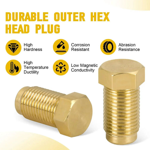 Brass hex-head brake-line plugs, 1/8 in NPT male for M10x1.0 ports, pack of 2.
