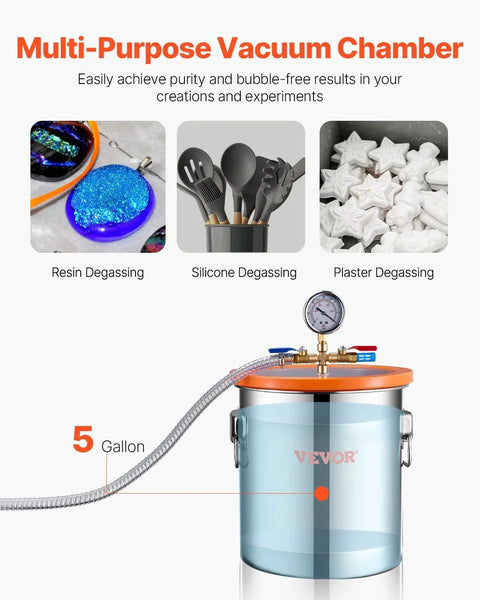 Five Gallon Pro-Grade Vacuum Chamber Kit With 3.5 CFM Pump For Resin Degassing, Stainless Steel Chamber, Acrylic Lid, Oil, 4.92 Ft Hose, Single Stage Vacuum System For Epoxy And Silicone Casting VEVOR shown with accessories for degassing