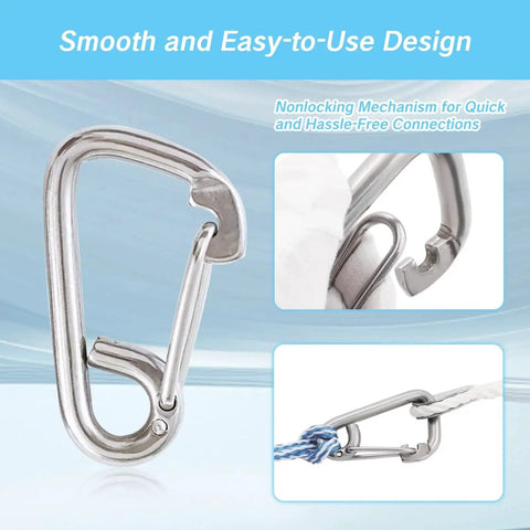 Two-pack marine-grade stainless steel carabiner snap hooks for boat docking; front view.
