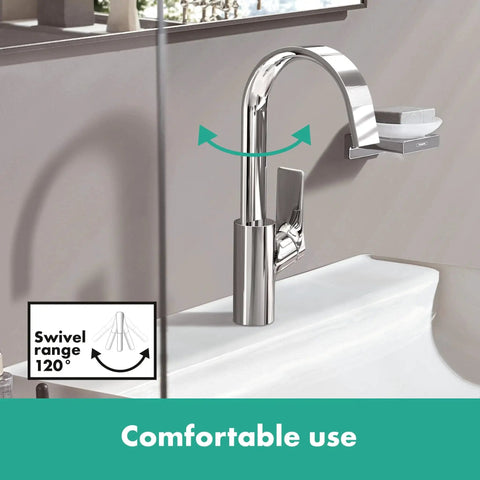 Front view of Vivenis Modern 1-Handle 1-Hole 12-Inch Tall Bathroom Sink Faucet In Chrome By Hansgrohe with 120° swivel installed on a sink.