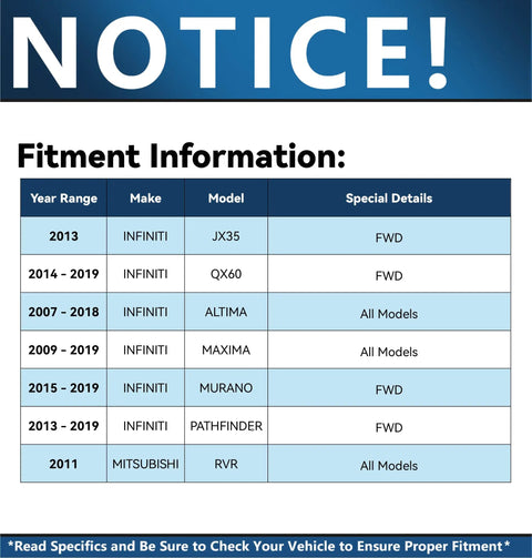 Fitment information table for Infiniti and Mitsubishi models with special details for various year ranges.