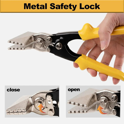 Versatile 3 Inch Sheet Metal Hand Seamer With TPR Handle Straight Jaw Bender showing safety lock mechanism open and closed