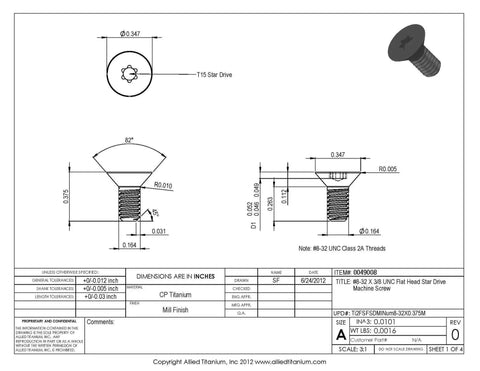 Technical drawing of Titanium Flat Head Star Drive Machine Screws 8-32 UNC, Three-Eighths Inch Length, Grade 2 CP, mill finish.