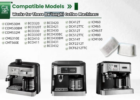 12-pack activated charcoal water filters for De'Longhi espresso machines (COM530M, COM532M, BCO430)