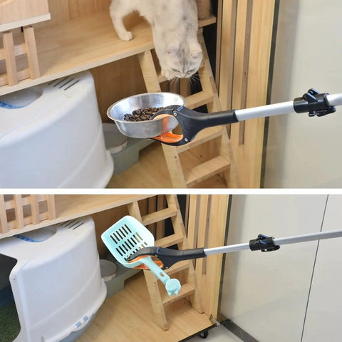 43 Inch Extra Long Grabber Tool Foldable Reacher With Rotating Jaw And Magnets lifting cat bowl and scoop near shelf