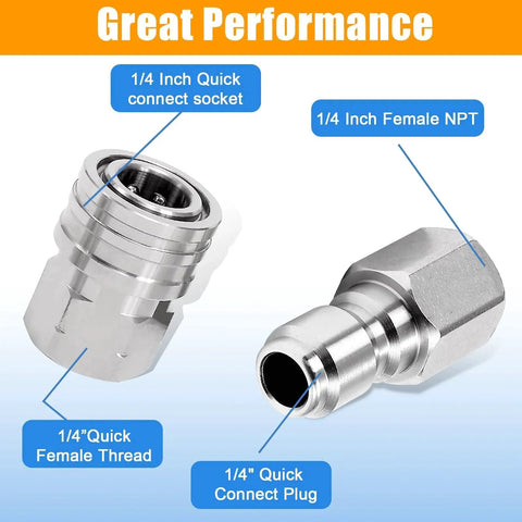 Durable One Quarter Inch Pressure Washer Quick Connect Fittings Kit Stainless Steel Couplers, NPT to Quick Connect, 5000 PSI