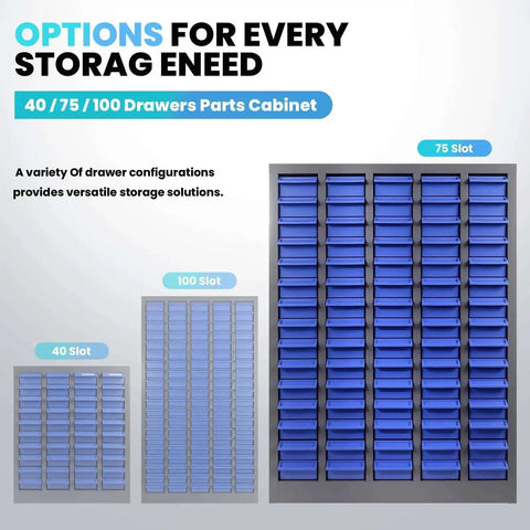 75 Drawer Bolt Bin Organizer With ABS Drawers, Industrial Parts Cabinet for garage or shop use, shown with 75 slots