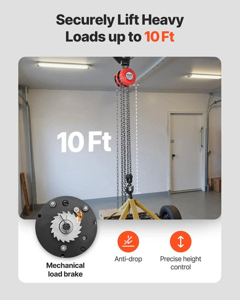 Heavy Duty Hand Chain Hoist 2 Ton With 10 Ft Lift and Galvanized G70 Chain installed in garage, showing 10 ft lift.