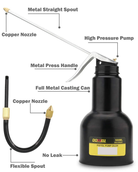 Heavy Duty Metal Pump Oil Can With Dual Spouts For Pistols And Machinery By DOWELL, 16oz 500ml Black Epoxy Coated Oil Gun Lubricator