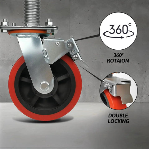 Close-up of a 4 Pack 6 Inch Leveling Scaffolding Wheels With 360 Degree Rotating Casters And Dual Locks, showing dual locking mechanism.