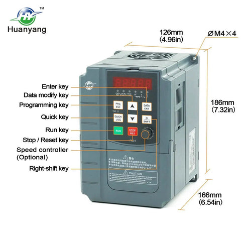 Beefy VFD Variable Frequency Drive 1 Phase Or 3 Phase Input, front view with labeled control panel and dimensions.