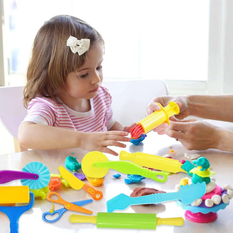 Child playing with Creative 9 Piece Dough Tool Set For Kids Ages 4 To 8 With Colorful Cutters Rolling Pins Plastic Scissors Plastic Knife And Rollers By LCY WEDSHI