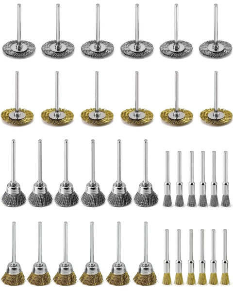 36 Piece Brass And Stainless Steel Wire Brush Polishing Wheel Kit For Rotary Tools For Metal And Wood Finishing Deburring Rust Removal Grinding And Smoothing Surfaces QWORK, arranged in rows showing brush variety.